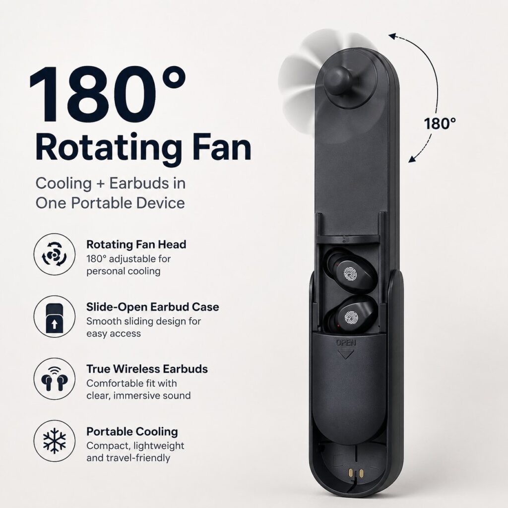 2-in-1 Portable Cooling Headphones with 180° Adjustable Fan Head and True Wireless Earbuds