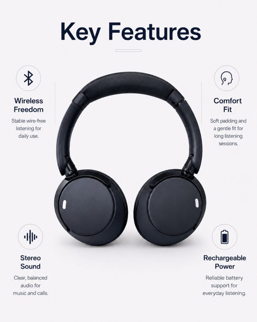 Wireless black over-ear headphones: comfortable fit, immersive sound, and long battery life