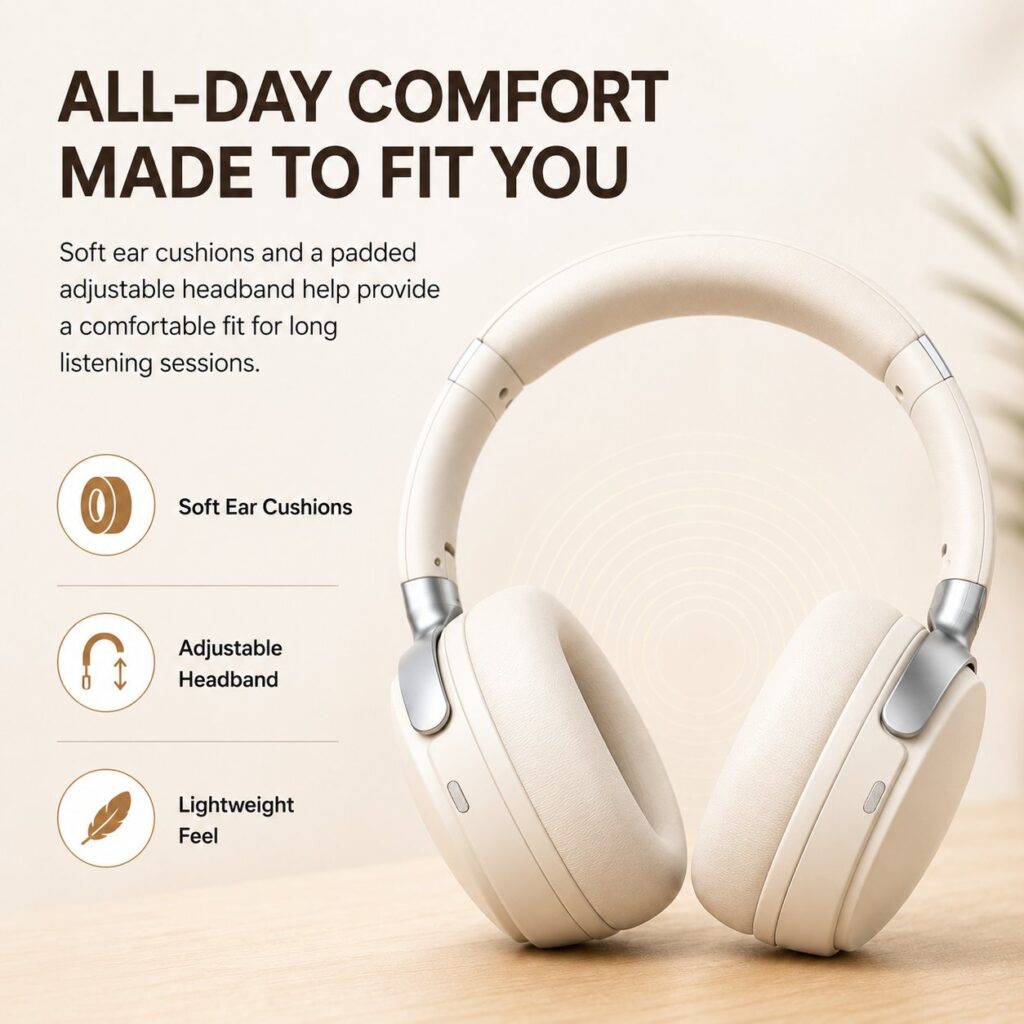 Wireless off-white over-ear headphones: comfortable fit, immersive sound, and long battery life